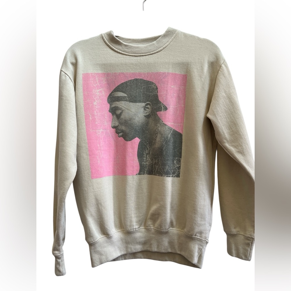 2Pac Tupac Shakur Y2K Graphic Sweatshirt XS Oversized Fit Pink Portrait Hip Hop